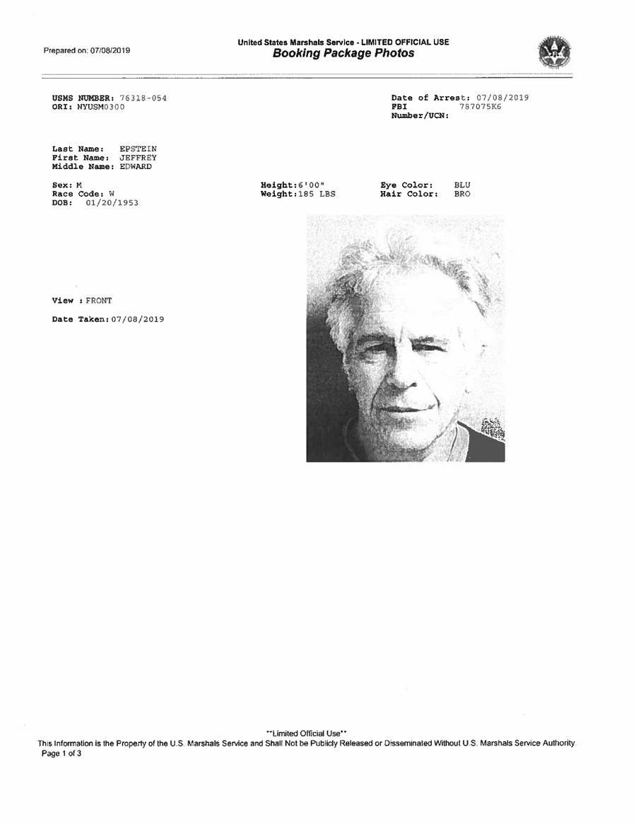 Jeffrey Epstein's federal booking photo, July 8, 2019, the day after his arrest at Teterboro Airport.